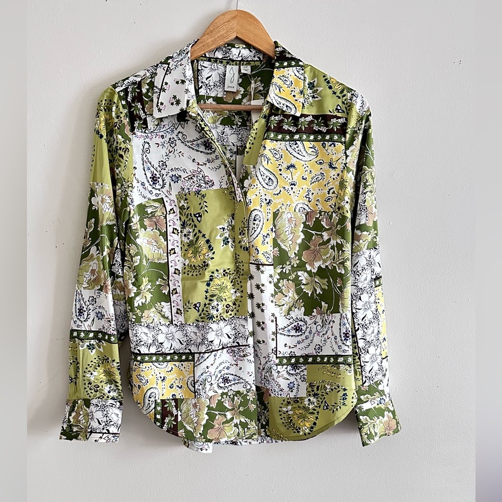 Joie Floral Long Sleeve Green Collared Blouse
